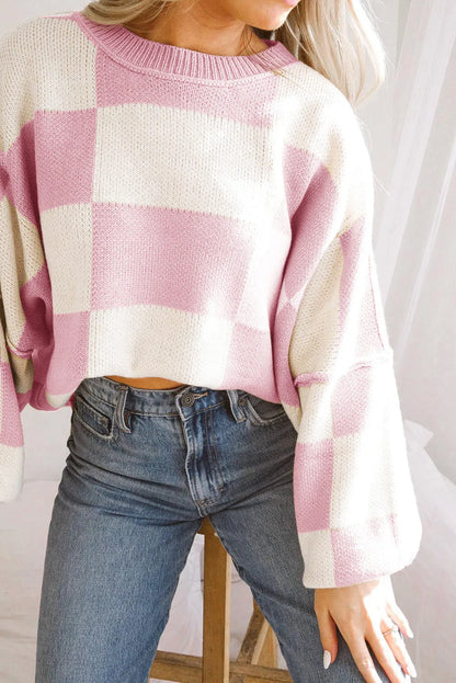 Pink Checkered Bishop Sleeve Sweater - Chic Meadow Boutique 