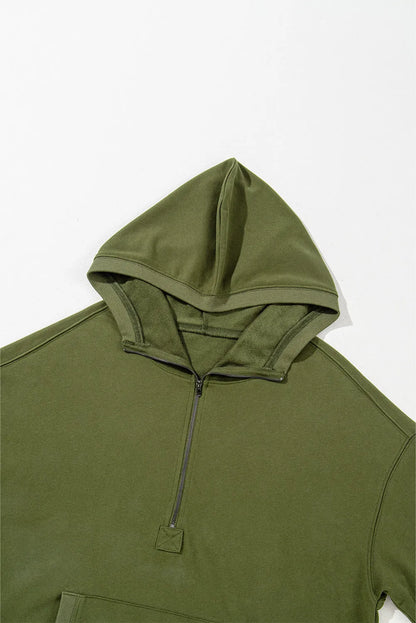 Moss Green Solid Kangaroo Pocket Half Zipper Oversized Hoodie - Chic Meadow Boutique 