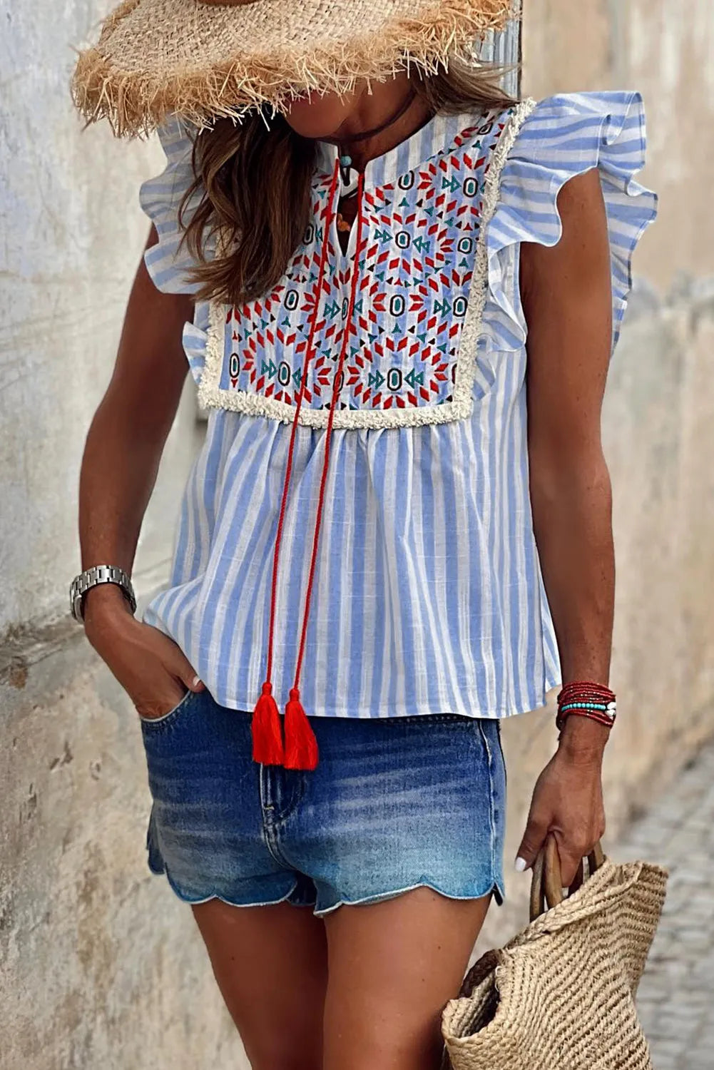 Sky Blue Stripe Geo Pattern Embroidered Tassel Flutter Blouse - Chic Meadow Boutique 