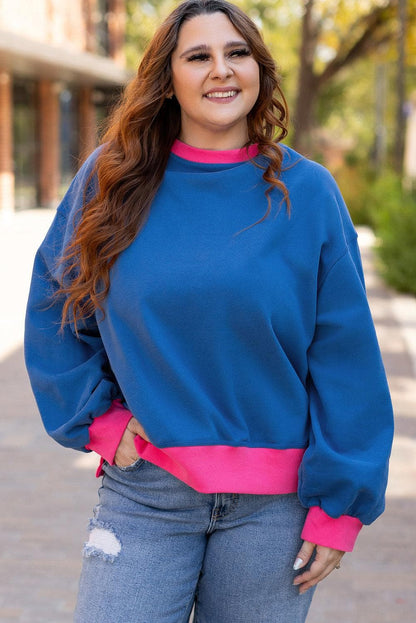 Plus Size/Plus Size Sweatshirts & Hoodies Sky Blue Color Block Edge Balloon Sleeve Plus Size Sweatshirt