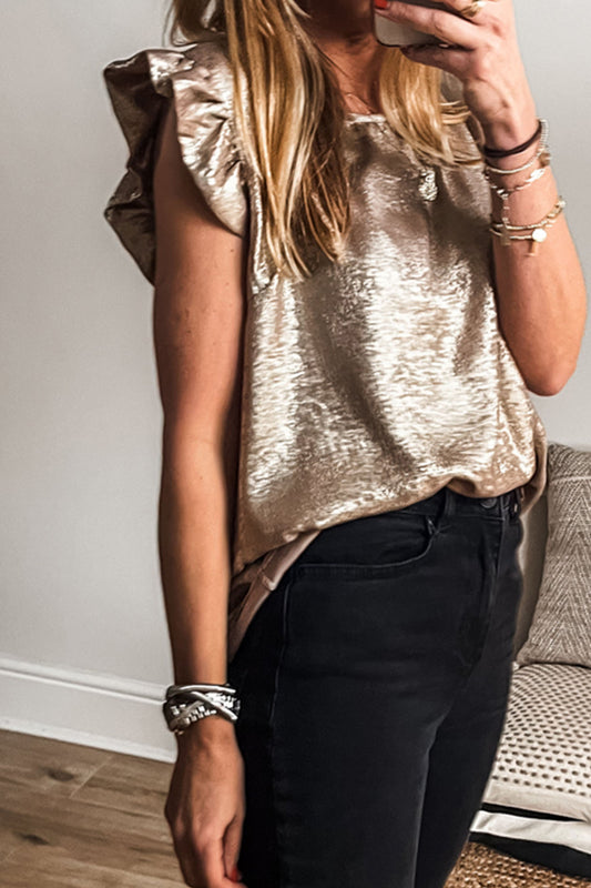 Gold Metallic Round Neck Ruffle Trim Sleeveless Top