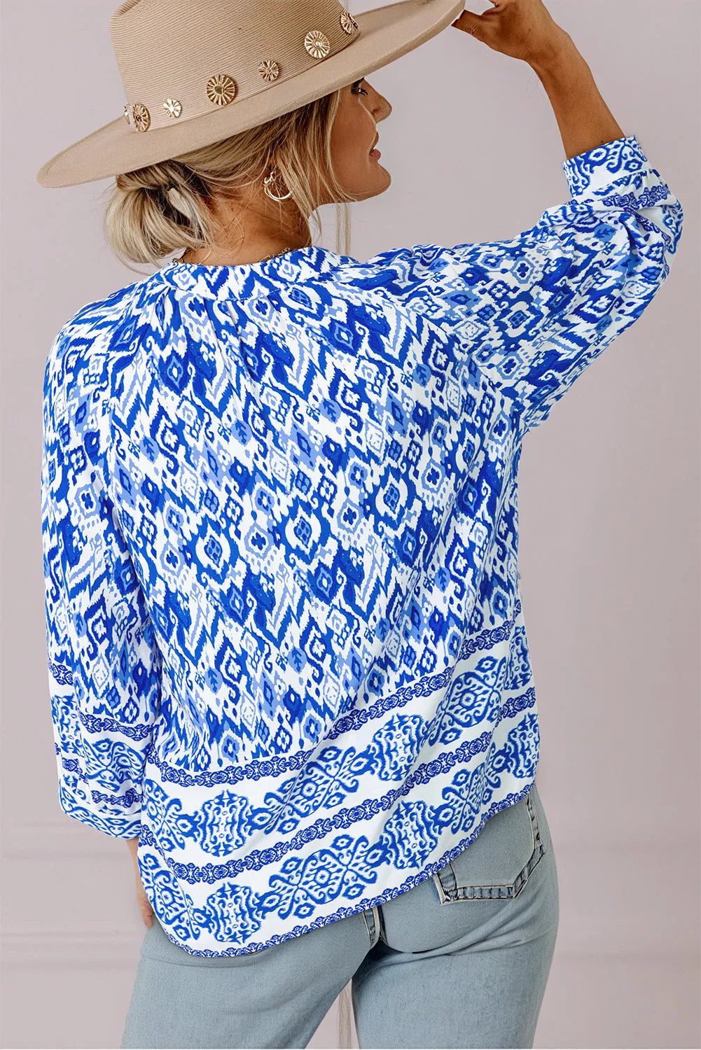 Blue Boho Printed 3/4 Sleeve Tied Neck Blouse - Chic Meadow Boutique 