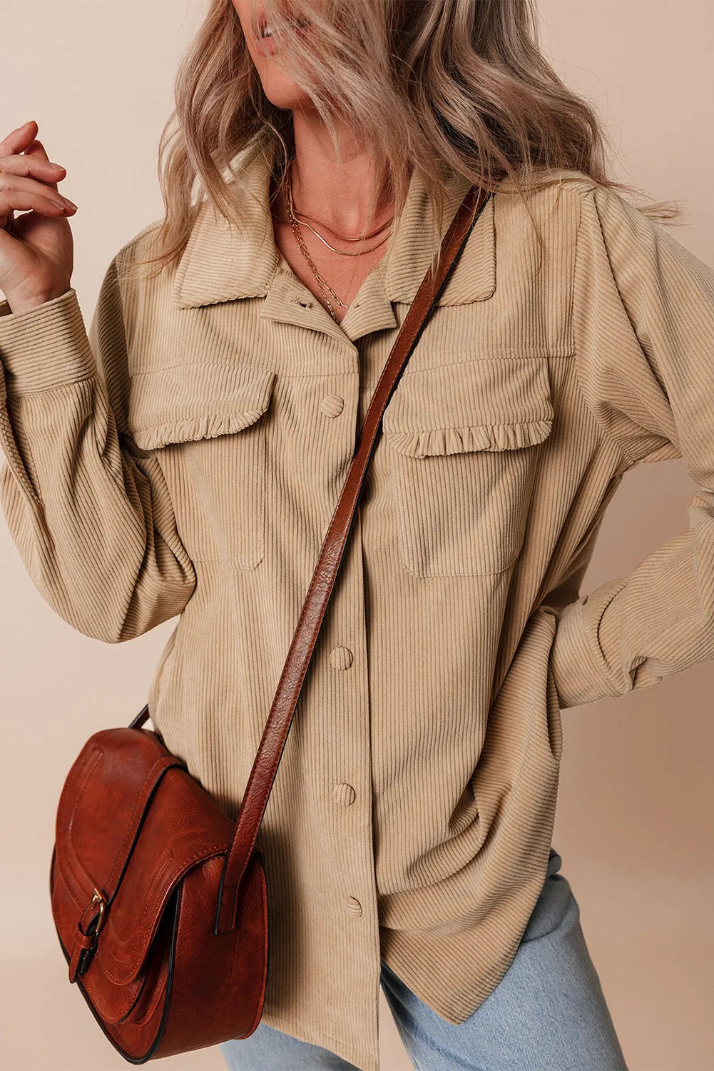 Light French Beige Solid Frilled Flap Pocket Button Up Corduroy Shacket - Chic Meadow Boutique 