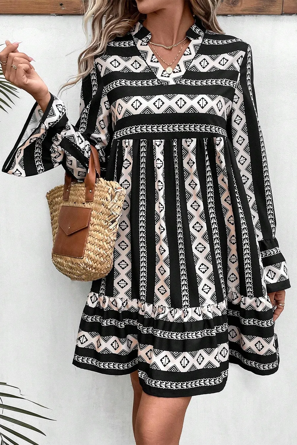 Black Boho Geometric Printed Flared Long Sleeve Mini Dress - Chic Meadow Boutique 