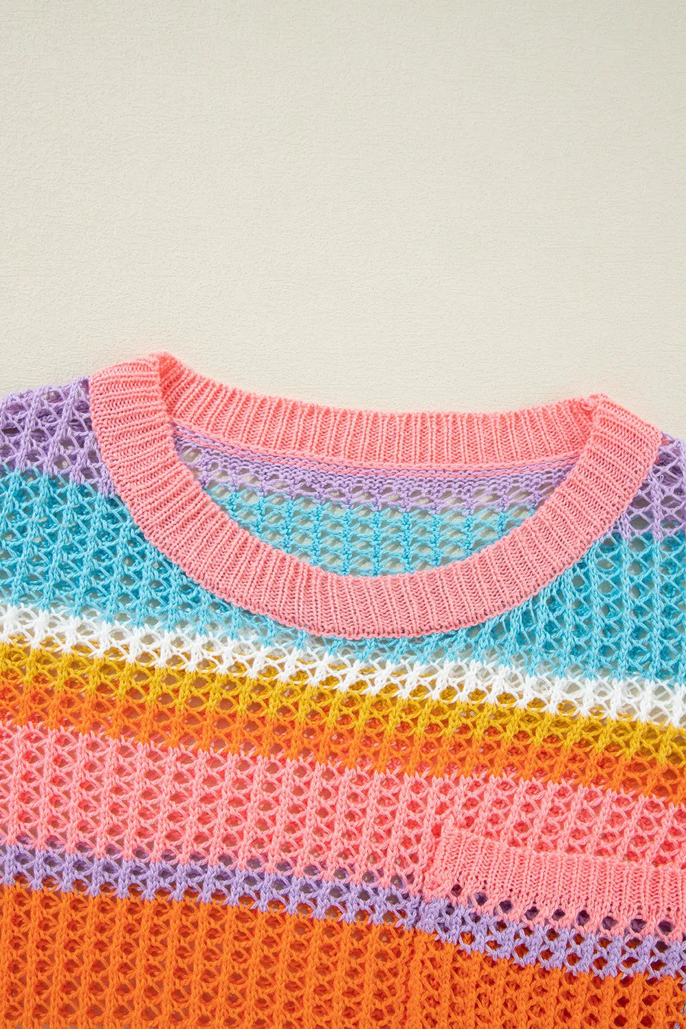 Pink Stripe Colorblock Hollowed Crochet 3/4 Sleeve Sweater - Chic Meadow Boutique 