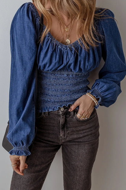 Dark Blue Smocked Ruffled Puff Sleeve V Neck Denim Blouse - Chic Meadow Boutique 