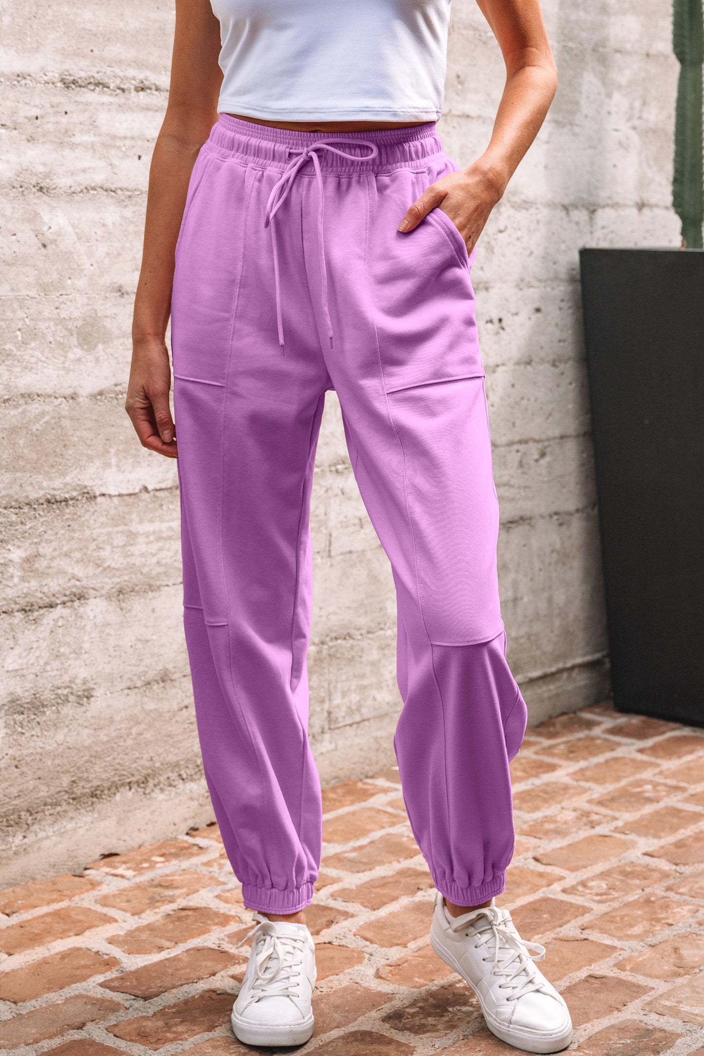 Lilac Drawstring Waist Patchwork Solid Color Jogger Pants