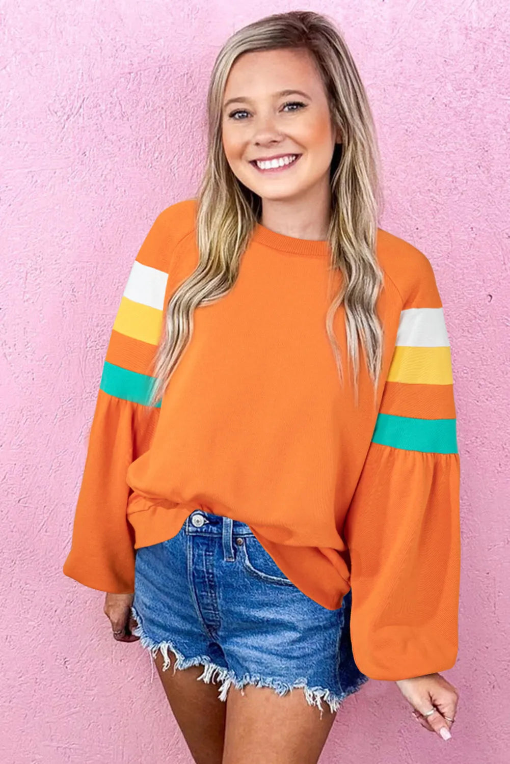 Flamingo Color Block Sleeve Exposed Seam Raglan Sweatshirt - Chic Meadow Boutique 