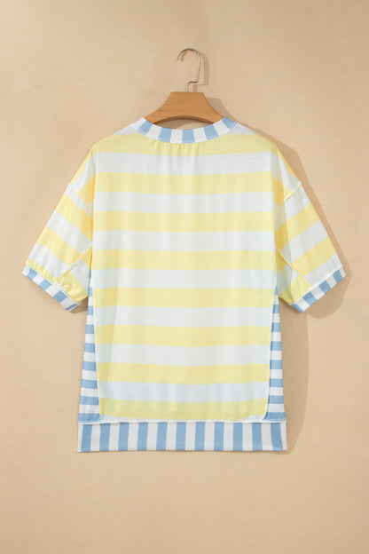 Yellow Stripe Exposed Seam Contrast Patchwork Oversized Top