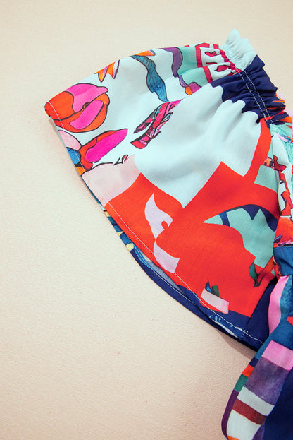 Sky Blue Tropical Printed Square Neck Flutter Sleeve Babydoll Blouse