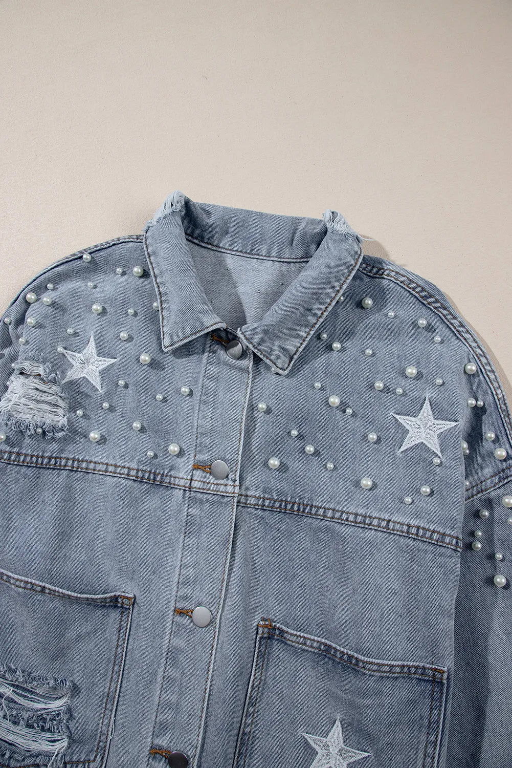 Sky Blue Distressed Pearls Star Cropped Denim Jacket - Chic Meadow Boutique 