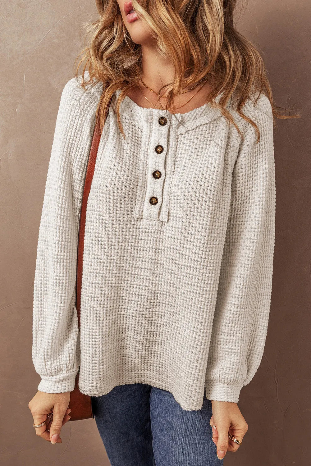 Oatmeal Waffle Knit Buttoned Front Raglan Sleeve Loose Blouse - Chic Meadow Boutique 