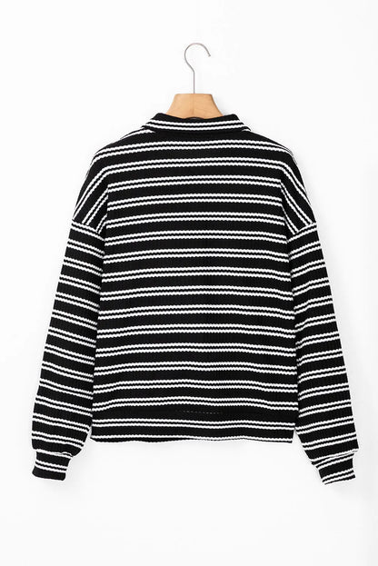 Black Stripe Textured Quarter Zip Collar Long Sleeve Top - Chic Meadow Boutique 