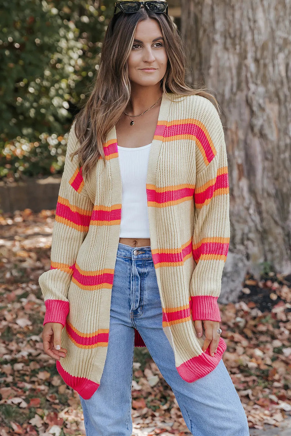 Stripe Printed Ribbed Long Knitted Cardigan - Chic Meadow Boutique 