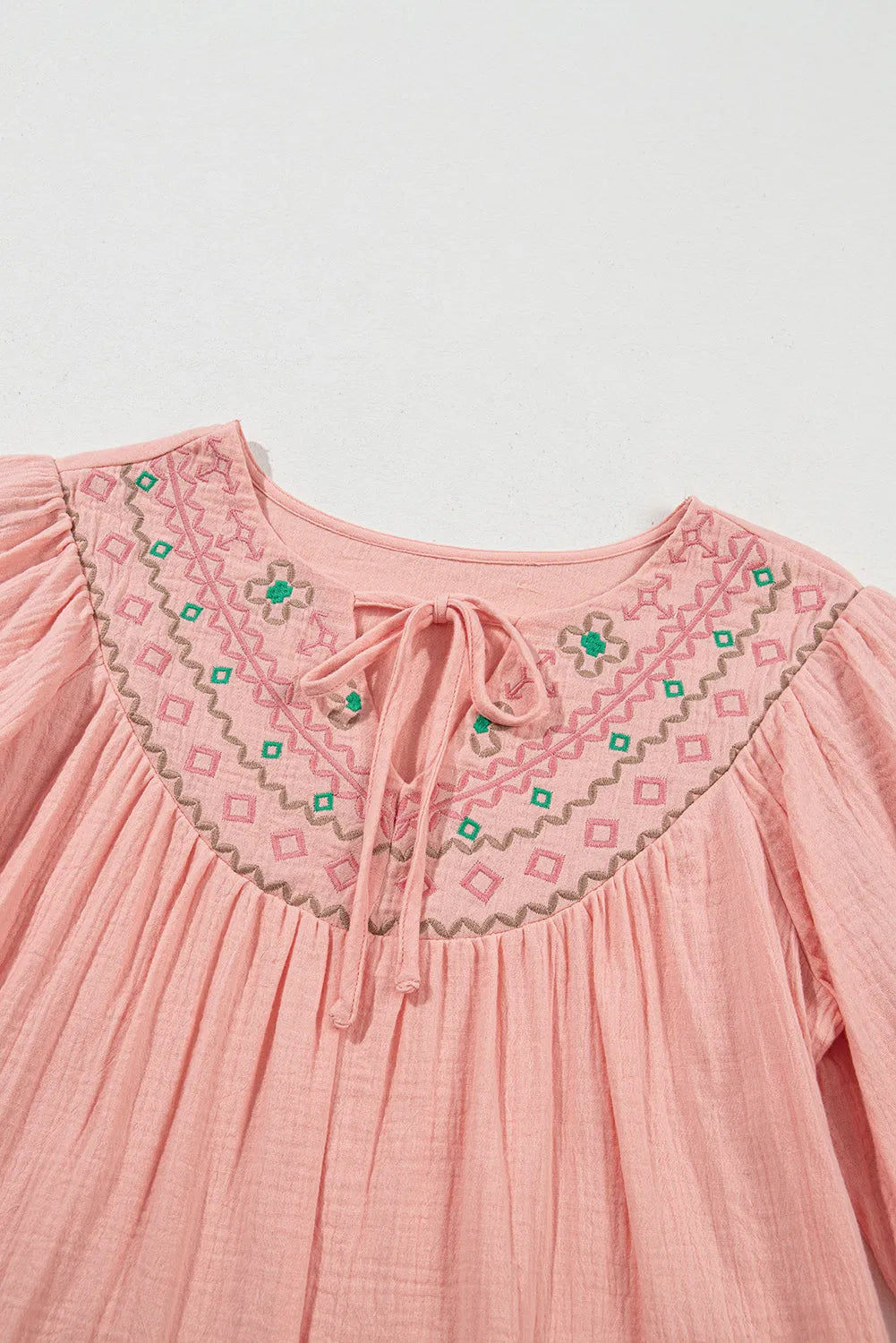 Apricot Pink Geometric Embroidered V Neck Puff Sleeve Blouse - Chic Meadow Boutique 