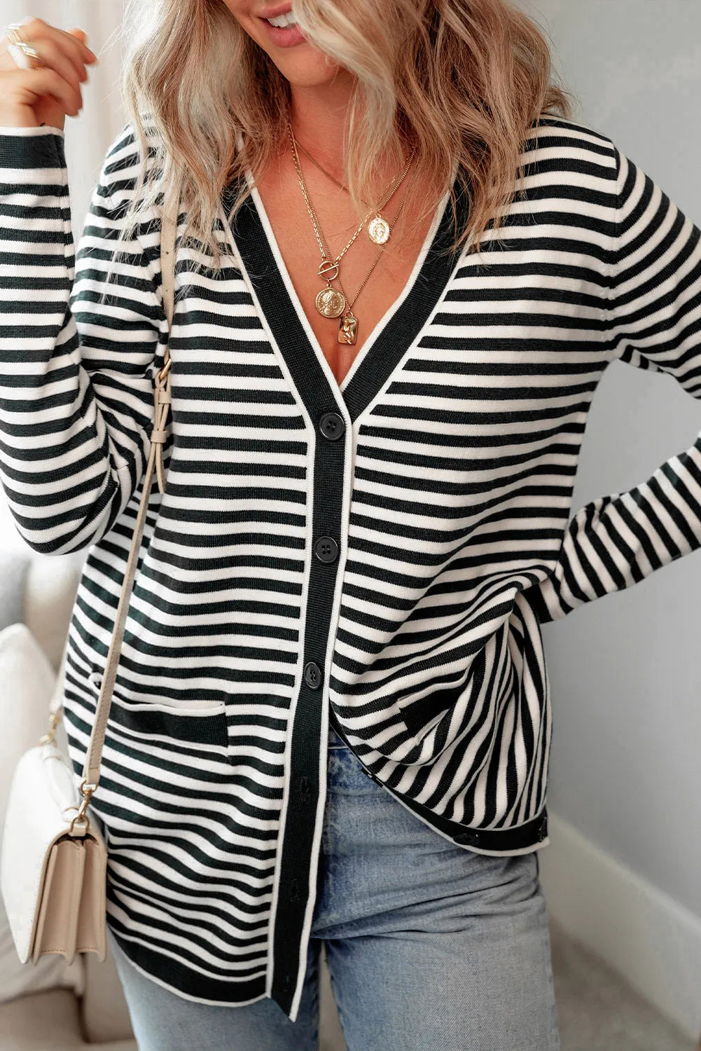 Black Stripe Long Sleeve Button up Tunic Cardigan - Chic Meadow Boutique 