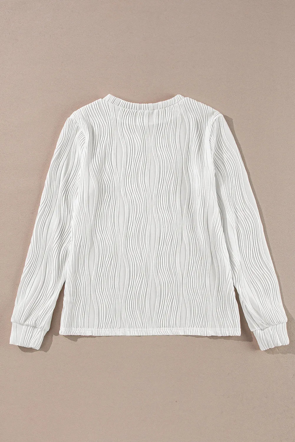 White Textured Wavy Round Neck Long Sleeve Top - Chic Meadow Boutique 