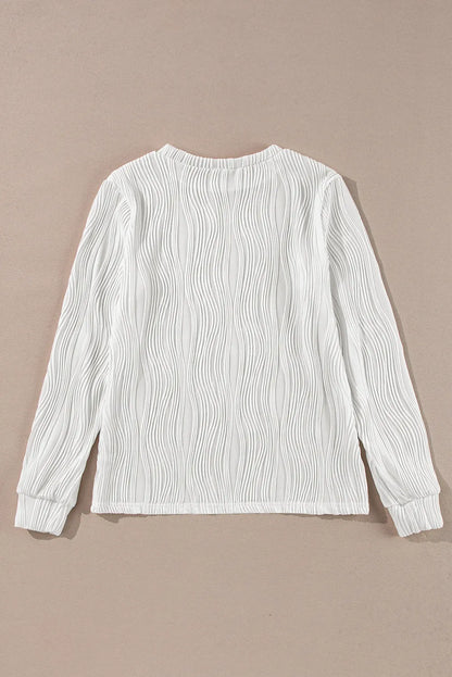 White Textured Wavy Round Neck Long Sleeve Top - Chic Meadow Boutique 