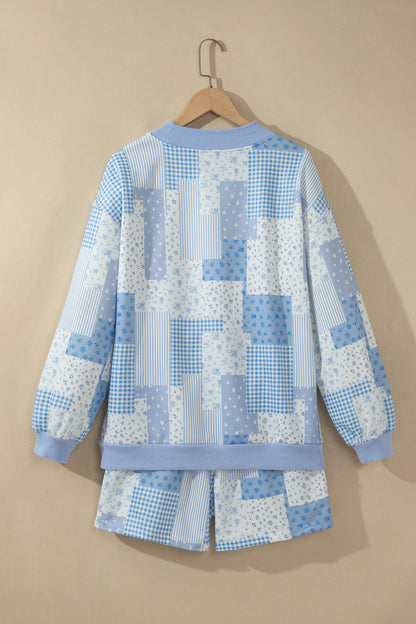 Sky Blue Patchwork Floral Print Drop Shoulder Baggy Pullover Drawstring Shorts Set