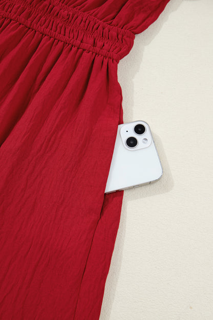 Racing Red Contrast Embroidered Detail Cinched Waist Tiered Long Sleeve Maxi Dress