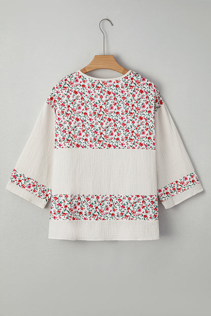 Red Floral Print Gauze Patchwork Henley Button 3/4 Sleeve Blouse