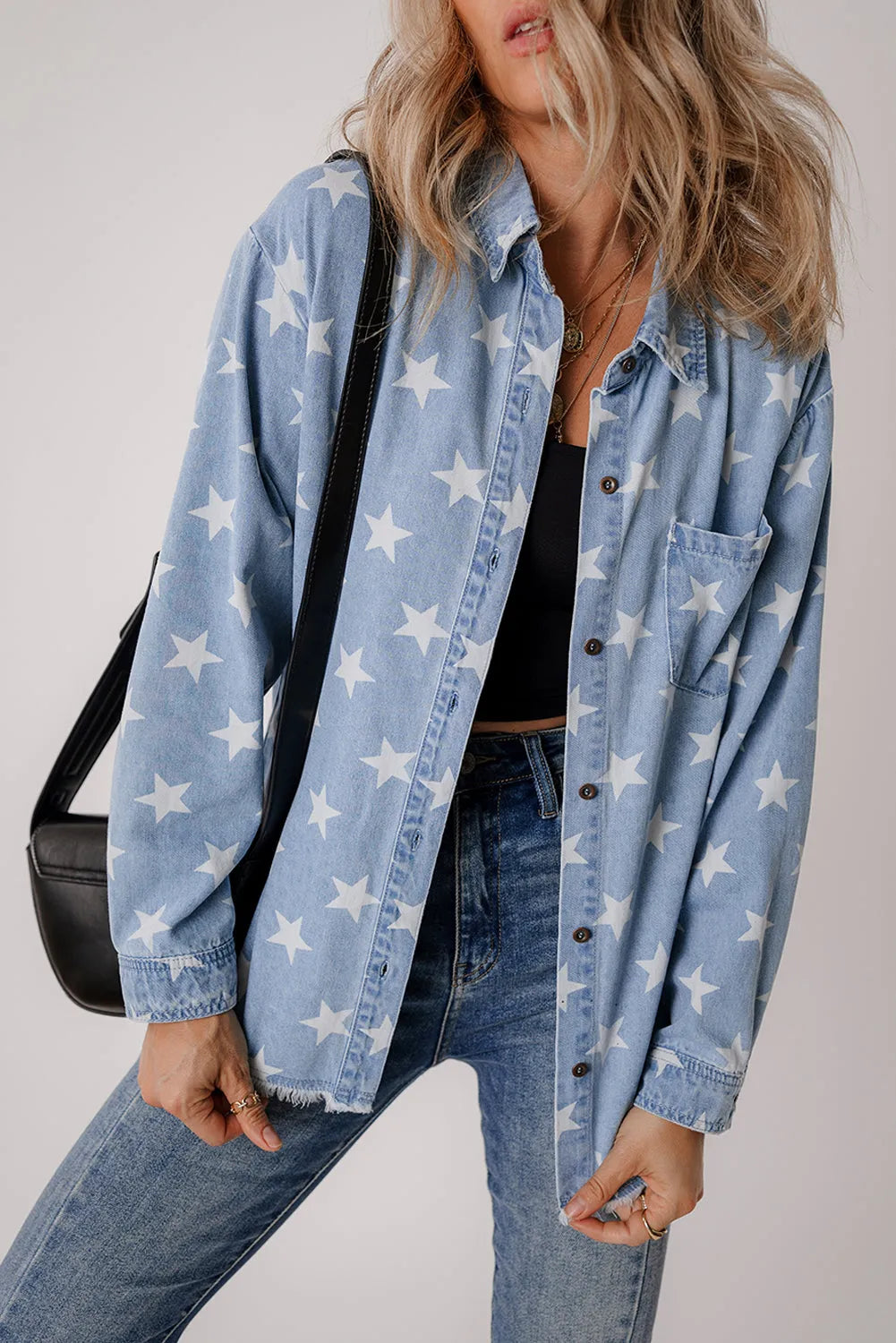 Sky Blue Star Print Light Wash Raw Hem Denim Jacket - Chic Meadow Boutique 