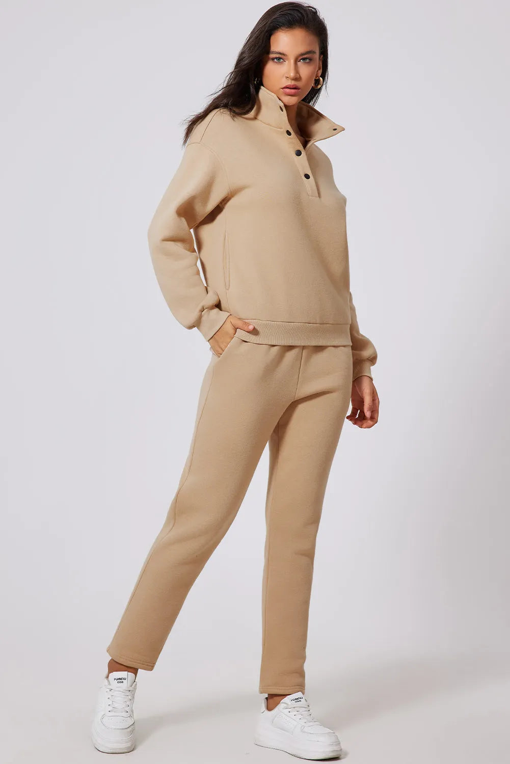 Parchment Solid Half Button Sweatshirt and High Waist Sweatpants Set - Chic Meadow Boutique 