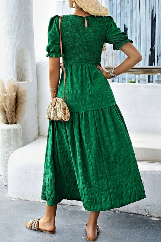 Dark Green Solid Textured Smocked Puff Short Sleeve High Waist Long Dress