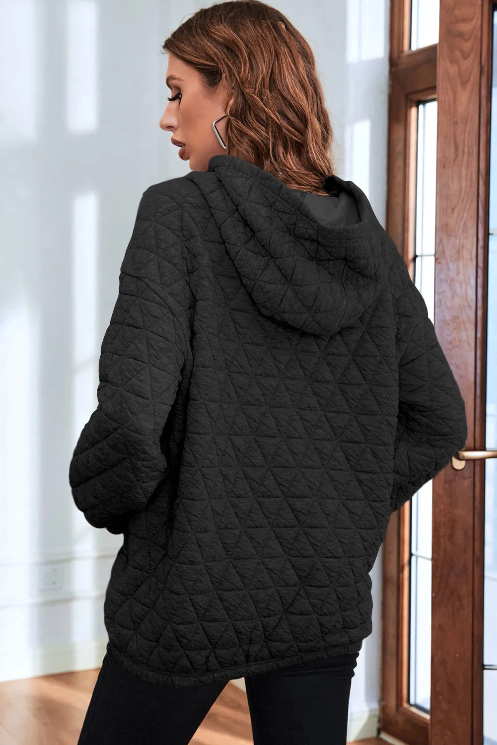 Black Solid Color Quilted Kangaroo Pocket Hoodie - Chic Meadow Boutique 