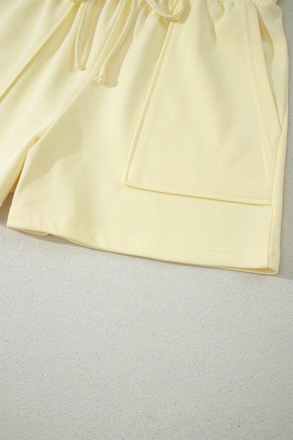 Yellow Cream Solid Color Tee Drawstring Shorts Comfy 2pcs Set