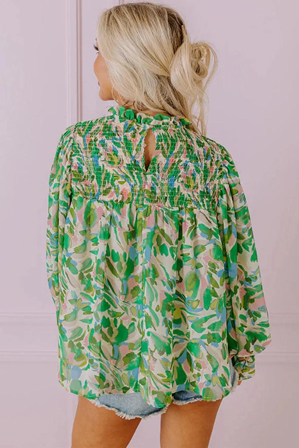 Tops/Blouses & Shirts Green Leafy Printed Flounce Sleeve Shirred Mock Neck Blouse