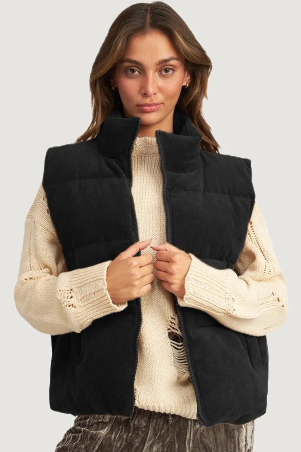 Black Corduroy Stand Neck Zipped Puffer Vest - Chic Meadow Boutique 