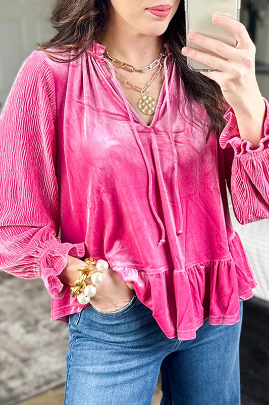 Strawberry Pink V Neck Velvet Ruffled Cuffs Hem Long Sleeve Top