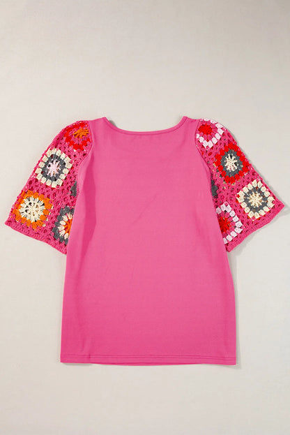 Strawberry Pink Floral Crochet Short Sleeve Top - Chic Meadow Boutique 