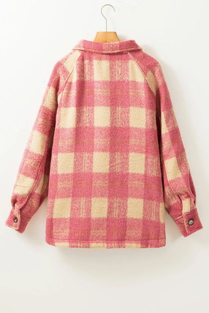 Peach Blossom Plaid Print Buttoned Collared Chest Pockets Shacket - Chic Meadow Boutique 