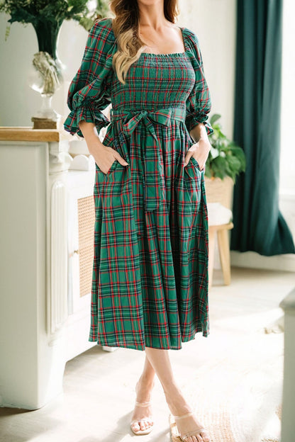 Green Tartan Plaid Square Neck Puff Sleeve Knot Waist Flared Midi Dress