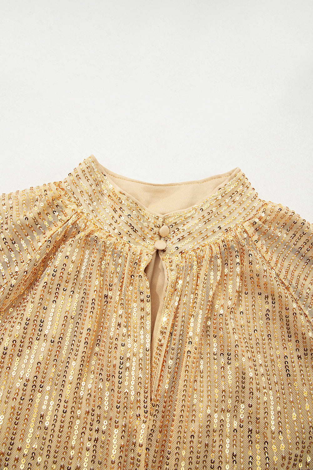 Gold Metallic Balloon Sleeve Buttoned High Neck Loose Blouse