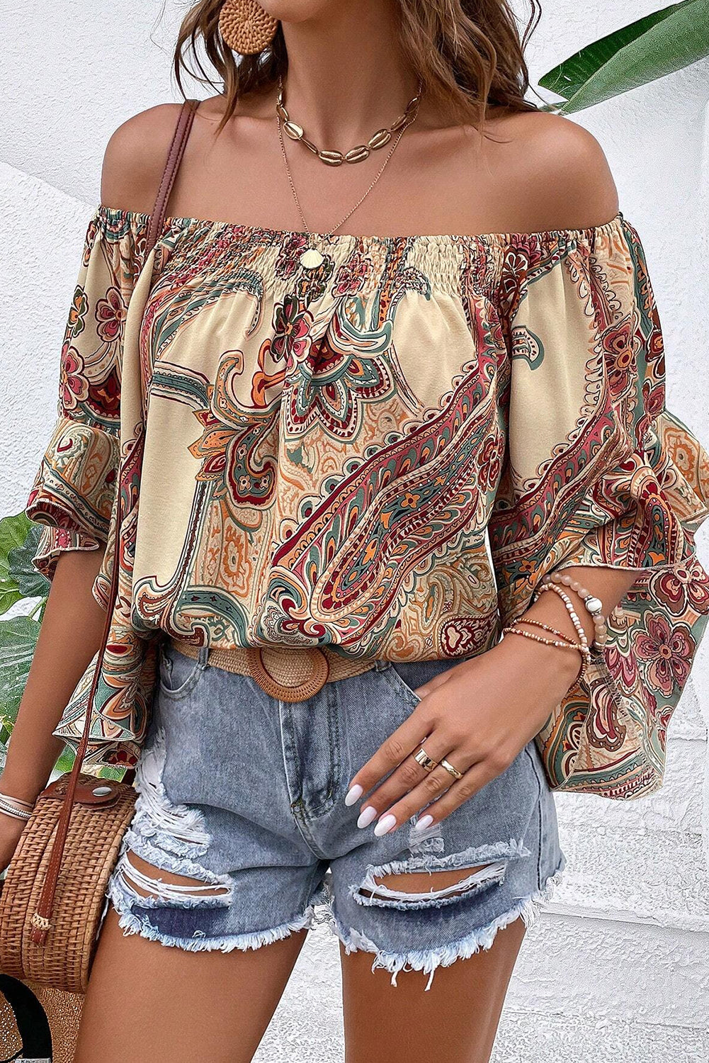 Apricot Paisley Printed Shirred Off Shoulder Ruffled Draped Sleeve Blouse