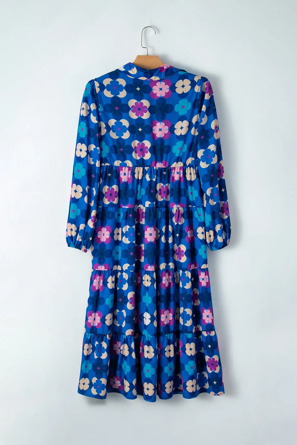 Blue Floral Peasant Sleeve Tiered Ruffle Midi Dress - Chic Meadow Boutique 