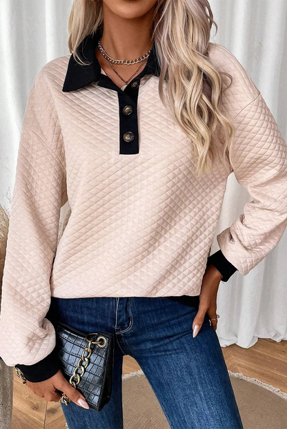 Oatmeal Textured Colorblock Edge Buttoned Collar Sweatshirt - Chic Meadow Boutique 