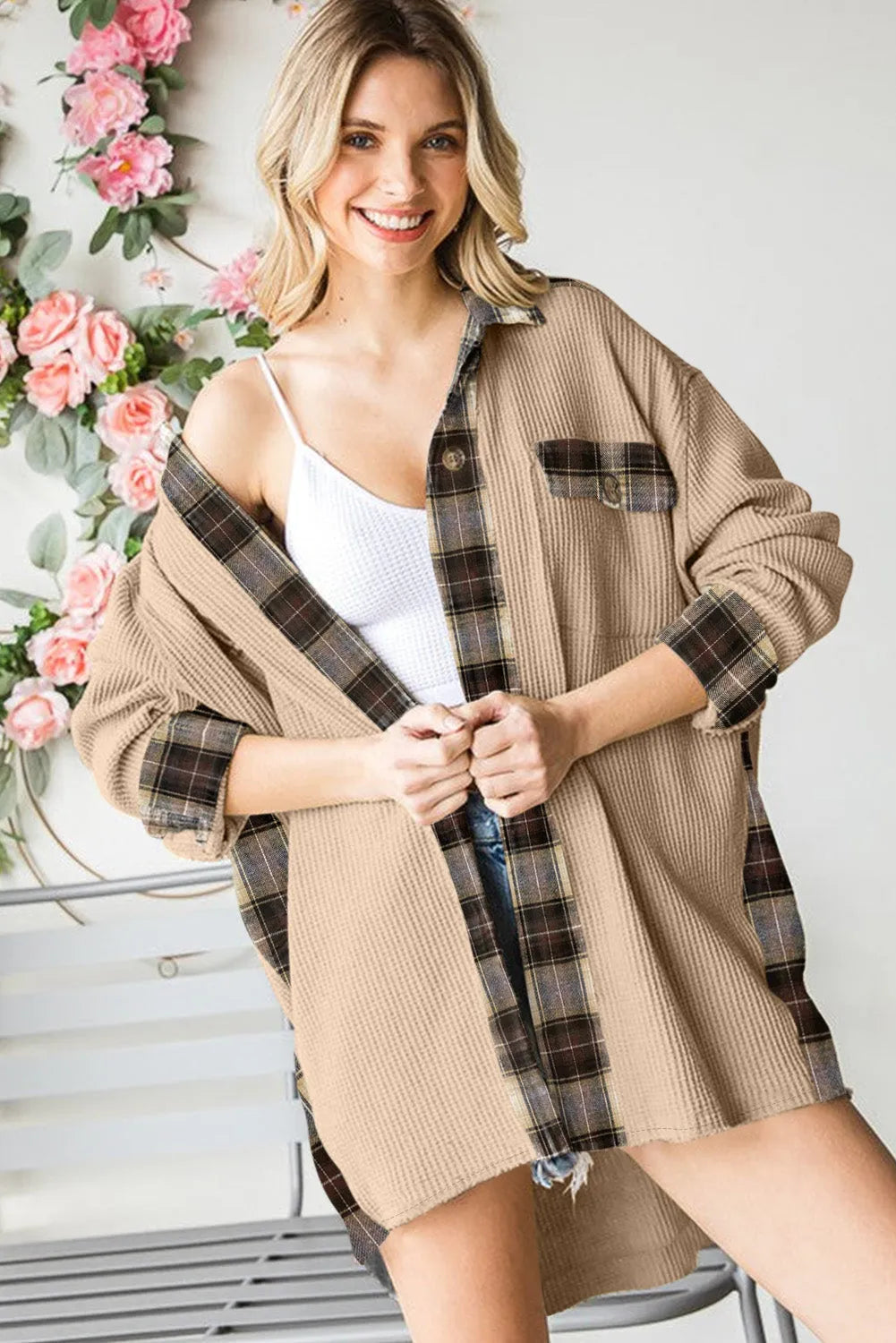 Apricot Plaid Patchwork Waffle Thermal Knit Shacket - Chic Meadow Boutique 