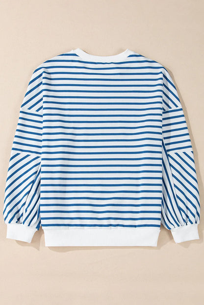 Blue Stripe Drop Shoulder Crew Neck Loose Sweatshirt - Chic Meadow Boutique 