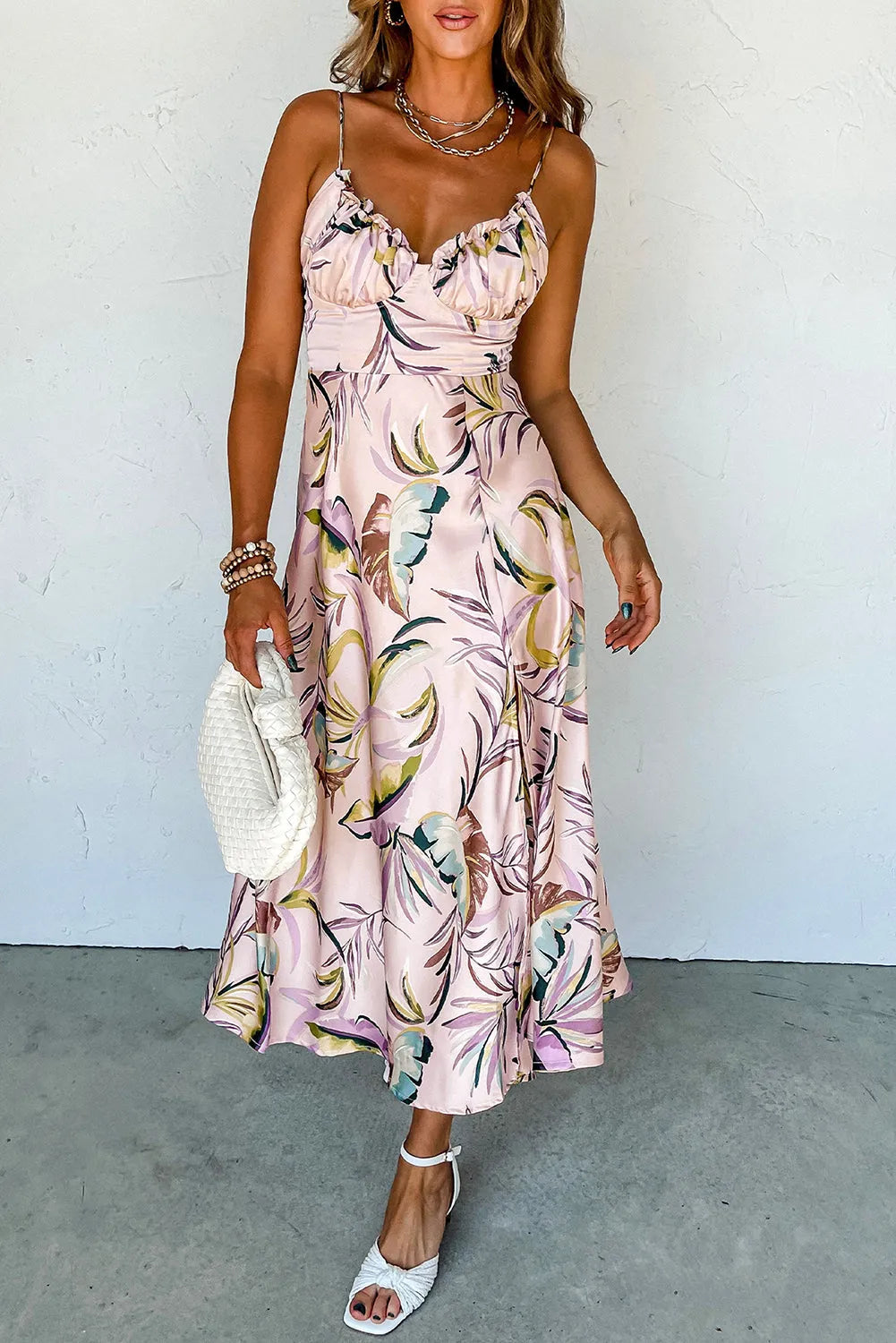 Apricot Tropical Print Spaghetti Straps Cupped Dress - Chic Meadow Boutique 