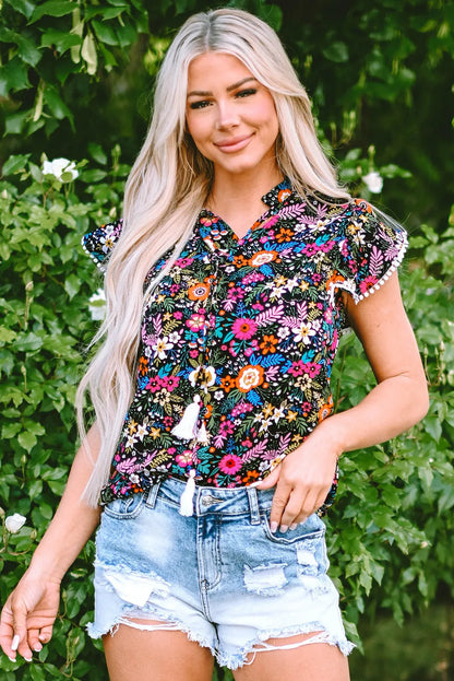 Black Lace Trim Flutter Sleeve Tropical Floral Blouse - Chic Meadow Boutique 