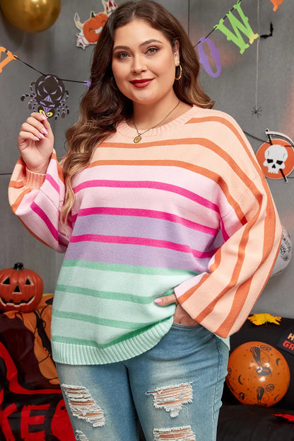 Pink Stripe Color Block Balloon Sleeve Crewneck Plus Size Sweater - Chic Meadow Boutique 