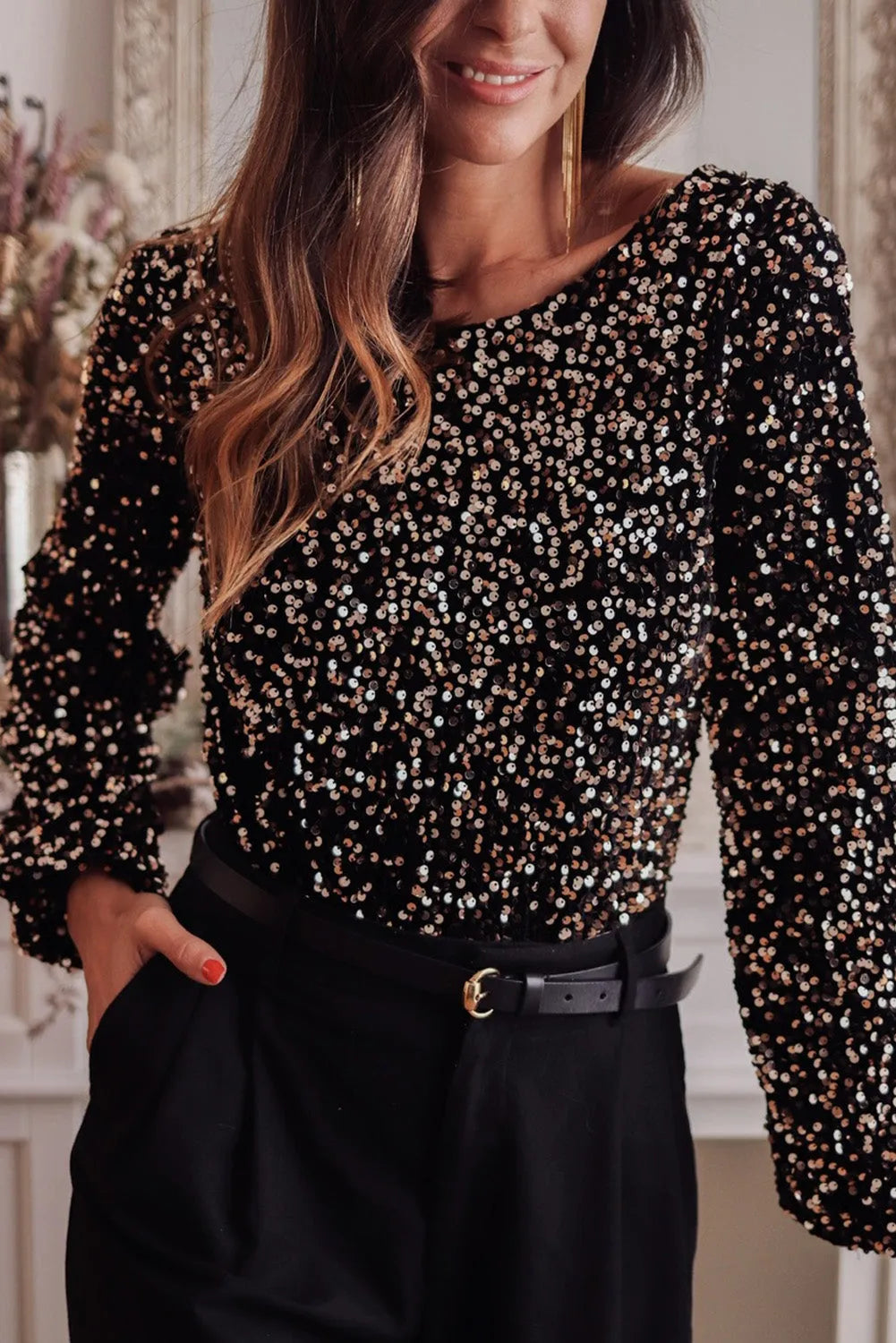 Black Deep V Back Sequin Puff Sleeve Bodysuit - Chic Meadow Boutique 