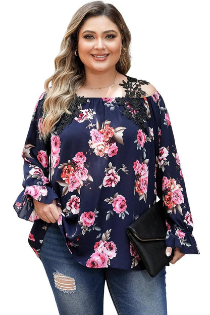 Plus Size/Plus Size Tops/Plus Size Blouses & Shirts Navy Blue Plus Size Crochet Detail Cold shoulder Floral Blouse