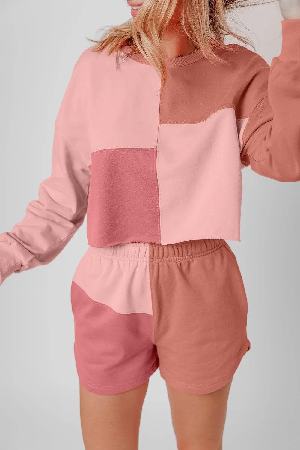 Two Piece Sets/Short Sets Peach Blossom Colorblock Patchwork Long Sleeve Shorts Outfit