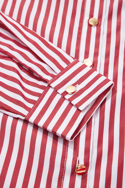 Red Stripe Patched Pocket Side Slit Loose Shirt