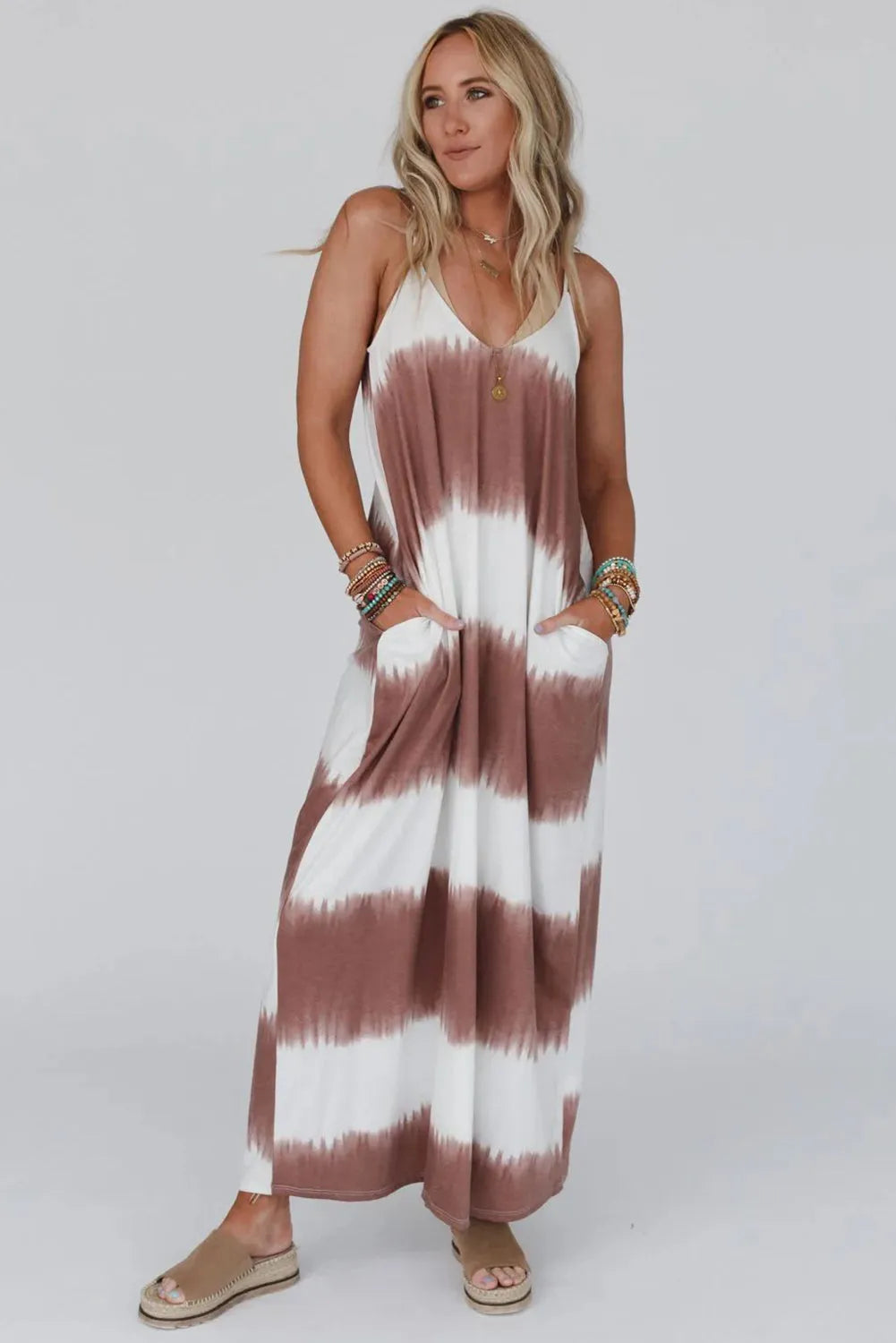 White Stripe Striped Tie Dye Spaghetti Strap Maxi Dress - Chic Meadow Boutique 